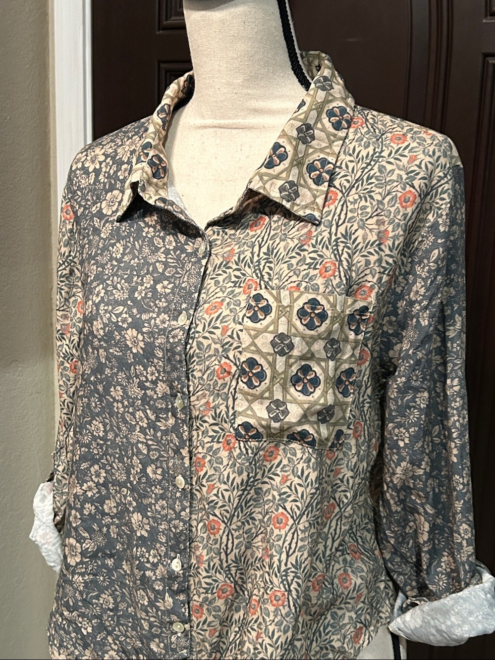 Natural Life Button Down Tie Floral Block Blouse
